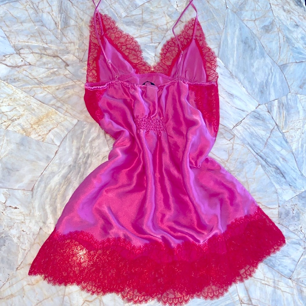 Silk VERY SEXY Chantilly Lace Babydoll‎ Slip Lace Trim Pink/Red  Medium